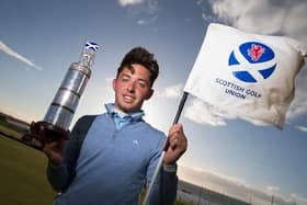 Marco Penge, who was just 17 at the time, shows off the trophy after winning the 2015 Scottish Stroke-Play Championship at Moray Golf Club in Lossiemouth. Picture: Scottish Golf