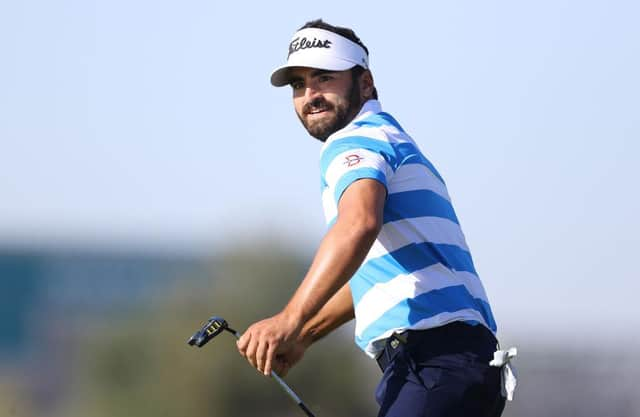 Antoine Rozner reacts after holing his 60-foot birdie putt on the 18th green during the final round of the Commercial Bank Qatar Masters at Education City Golf Club in Doha. Picture: Richard Heathcote/Getty Images.