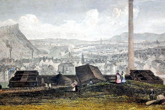 An engraving dated 1847 showing the Old Royal High School and the New Street gas works chimney.
