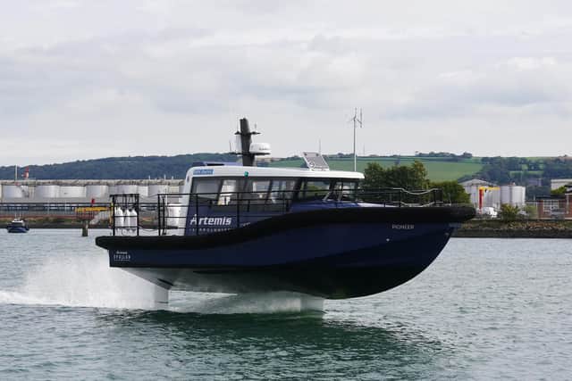 Artemis Technologies hydrofoiling workboat "Pioneer" out on Belfast Lough as the company unveiled plans for a 100% electric ferry. Picture date: Wednesday September 21, 2022.