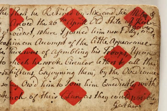 A page from the journal of the Jacobite officer, written on the eight of diamonds. PIC: National Library of Scotland.