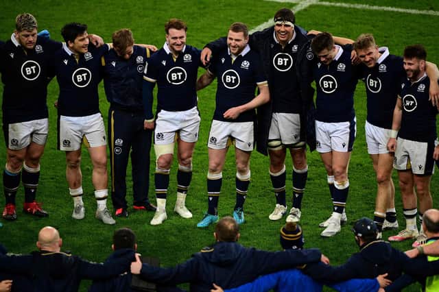 Scotland players celebrate the win over France. Picture: AFP via Getty Images