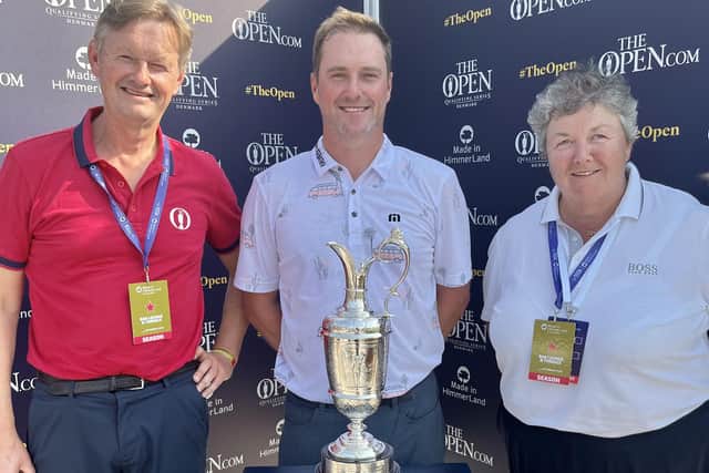 Marc Warren is flanked by Open Championship committee members Gavin Lawrie and Ada O'Sullivan after securing his spot in the Claret Jug event at Royal Liverpool. Picture: The R&A