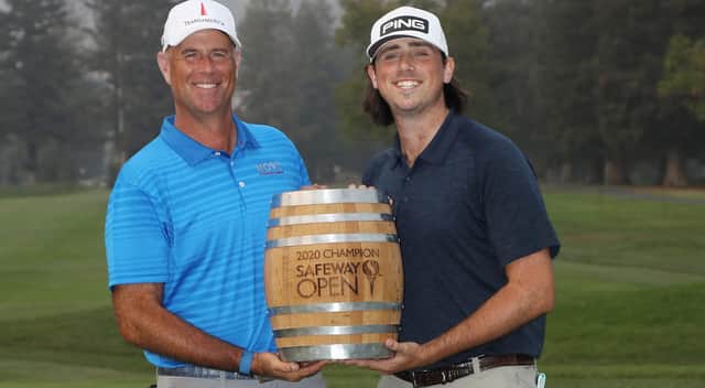 Stewart Cink and his 23-year-old son and caddie Reagan joined forces to make it a family win in the Safeway Open in California. Picture: Getty Images