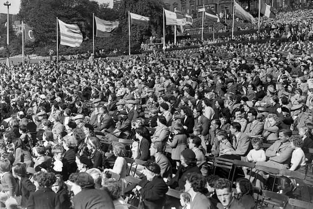 Crowded audience for the children's concert in the Ross Bandstand, 1950s.