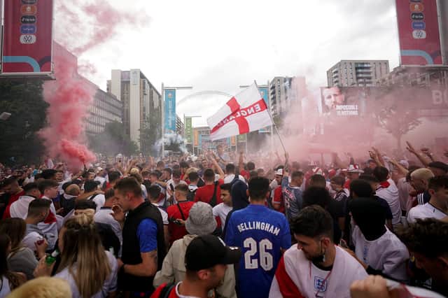 England fans outside Wembley ahead of the UEFA Euro 2020 final against Italy, which was marred by violent scenes inside and outside the ground.