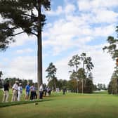 Dustin Johnson plays his shot from the 18th tee during the final round of the Masters at Augusta National. Picture: Rob Carr/Getty Images