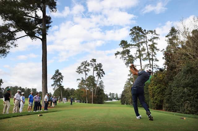 Dustin Johnson plays his shot from the 18th tee during the final round of the Masters at Augusta National. Picture: Rob Carr/Getty Images