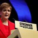 First Minister Nicola Sturgeon gives her keynote speech on day three of the Scottish National Party Conference in Aberdeen.  (Photo by Jeff J Mitchell/Getty Images)