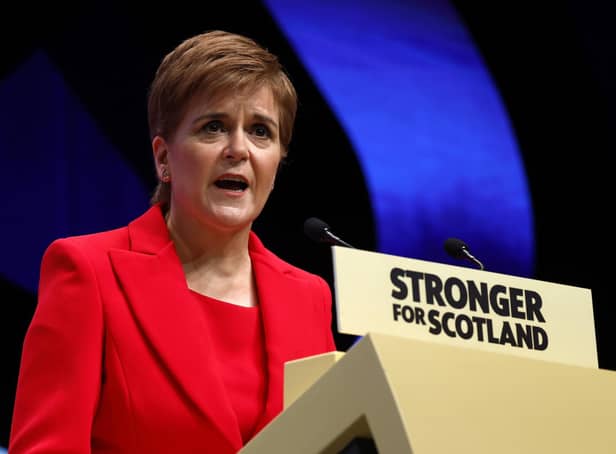 First Minister Nicola Sturgeon gives her keynote speech on day three of the Scottish National Party Conference in Aberdeen.  (Photo by Jeff J Mitchell/Getty Images)