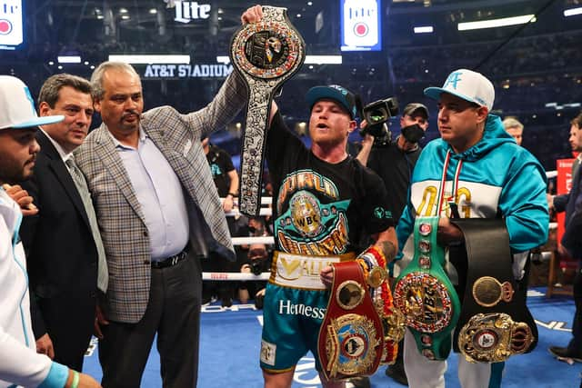 Saul "Canelo" Alvarez celebrates after defeating Britain's Billy Joe Saunders in their super middleweight unification fight. Picture: Ed Mulholland/Matchroom Boxing/AFP via Getty Images