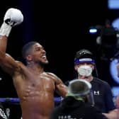 Anthony Joshua celebrates his victory over Kubrat Pulev at the SSE Arena, Wembley, in front of 1000 fans. Picture: Andrew Couldridge/Getty Images