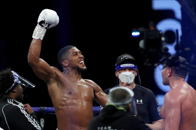 Anthony Joshua celebrates his victory over Kubrat Pulev at the SSE Arena, Wembley, in front of 1000 fans. Picture: Andrew Couldridge/Getty Images