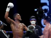 Anthony Joshua celebrates his victory over Kubrat Pulev at the SSE Arena, Wembley, in front of 1000 fans. Picture: Andrew Couldridge/Getty Images