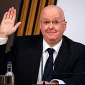 SNP Chief Executive Peter Murrell is sworn in before giving evidence to a Scottish Parliament committee at Holyrood in Edinburgh on December 8, 2020, examining the handling of harassment allegations against former first minister Alex Salmond. - A cross-party inquiry is looking into claims from former Scottish First Minister Alex Salmond that senior figures in the devolved adminstration in Edinburgh and the Scottish National Party (SNP) orchestrated sexual offence claims against him. Salmond, 65, was acquitted of attempted rape and a string of sexual assaults after an 11-day trial at the High Court in Edinburgh in March this year. (Photo by Andy Buchanan / POOL / AFP) (Photo by ANDY BUCHANAN/POOL/AFP via Getty Images)