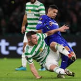 Celtic's Anthony Ralston tackles  Bayer Leverkusen's Paulinho (right) is tackled by Anthony Ralston in the sides' last meeting, the 4-0 win for the Germans in September. Ange Postecoglou's men have found their best form of the season ahead of the pair locking horns again in Germany tomorrow. (Photo by Alan Harvey / SNS Group)