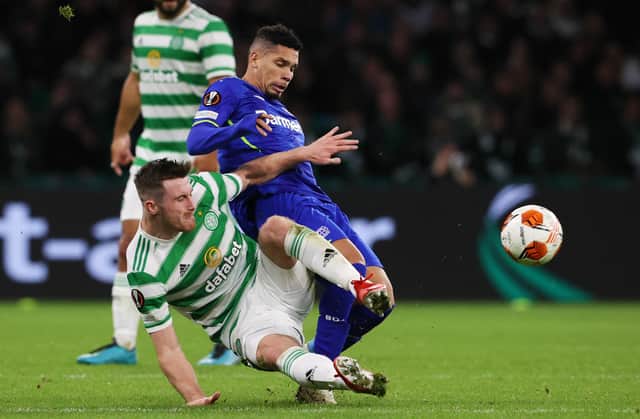 Celtic's Anthony Ralston tackles Bayer Leverkusen's Paulinho (right) is tackled by Anthony Ralston in the sides' last meeting, the 4-0 win for the Germans in September. Ange Postecoglou's men have found their best form of the season ahead of the pair locking horns again in Germany tomorrow. (Photo by Alan Harvey / SNS Group)