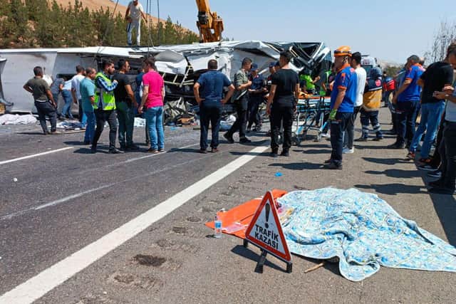 The accident took place on the highway between Gaziantep and Nizip when a passenger bus collided with emergency teams handling an earlier road accident. Picture: Uncredited/AP/Shutterstock.