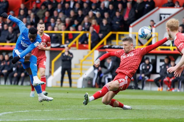 Rangers' Fashion Sakala goes close during the match against Aberdeen at Pittodrie.