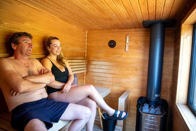 Presenters Vicky and Duncan inside Staffin sauna, Isle of Skye