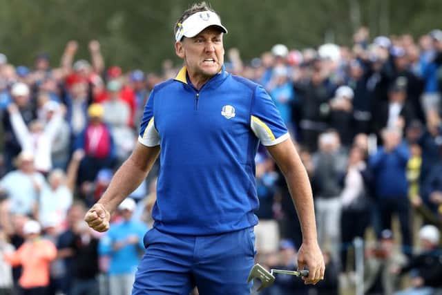 Ian Poulter celebrates during the singles in the 2018 Ryder Cup at Le Golf National in Paris. Picture: Jamie Squire/Getty Images.