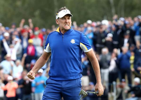 Ian Poulter celebrates during the singles in the 2018 Ryder Cup at Le Golf National in Paris. Picture: Jamie Squire/Getty Images.