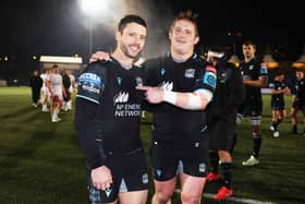Glasgow Warriors' Sean Kennedy, left, celebrates with team-mate Johnny Matthews after their side's 33-20 win over Ulster in the BKT United Rugby Championship at Scotstoun. (Photo by Ross MacDonald / SNS Group)