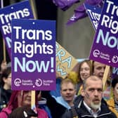 Trans rights demonstrators outside the Scottish Parliament as MSPs debated the census question on sex.