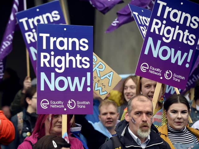 Trans rights demonstrators outside the Scottish Parliament as MSPs debated the census question on sex.