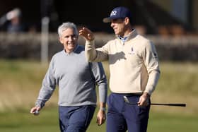 Billy Horschel interacts with pro-am partner Jay Monahan, commissioner of the PGA Tour during a practice round prior to the Alfred Dunhill Links Championship. Picture: Warren Little/Getty Images.