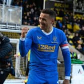 Rangers' James Tavernier celebrates after he makes it 3-1 during a Cinch Premiership match between Livingston and Rangers at Toni Macaroni Arena, on November 28, 2021, in Livingston, Scotland.  (Photo by Rob Casey / SNS Group)