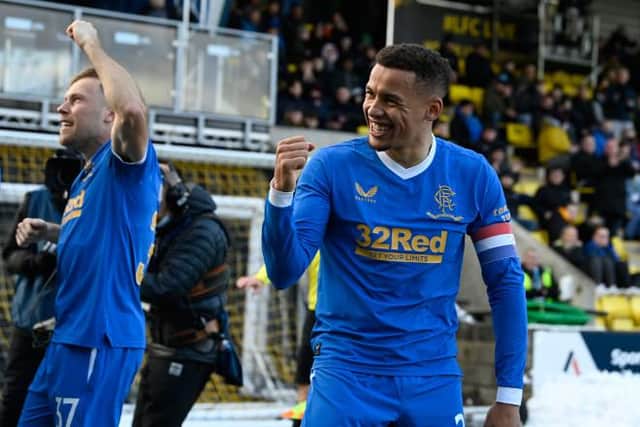 Rangers' James Tavernier celebrates after he makes it 3-1 during a Cinch Premiership match between Livingston and Rangers at Toni Macaroni Arena, on November 28, 2021, in Livingston, Scotland.  (Photo by Rob Casey / SNS Group)