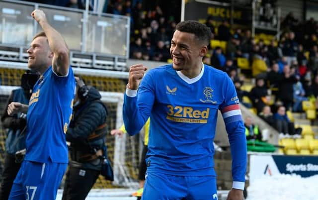 Rangers' James Tavernier celebrates after he makes it 3-1 during a Cinch Premiership match between Livingston and Rangers at Toni Macaroni Arena, on November 28, 2021, in Livingston, Scotland.  (Photo by Rob Casey / SNS Group)