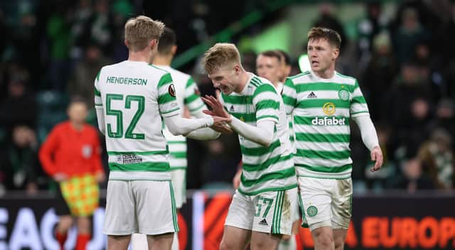 Celtic players celebrate the 3-2 win over Real Betis. (Photo by Alan Harvey / SNS Group)