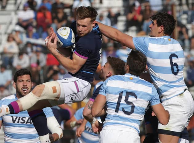 Luke Crosbie of Scotland and Juan Martin Gonzalez of Argentina jump for a high ball during a test match between Argentina and Scotland at Estadio 23 de Agosto on July 2, 2022 in Jujuy, Argentina. (Photo by Daniel Jayo/Getty Images)