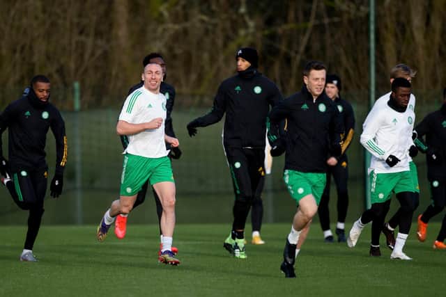 The Celtic squad train at Lennoxtown ahead of their clash with Ross County. Picture: SNS