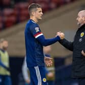 Match-winner Lyndon Dykes with manager Steve Clarke during Scotland's 1-0 victory over Slovakia at Hampden Park (Photo by Craig Williamson / SNS Group)