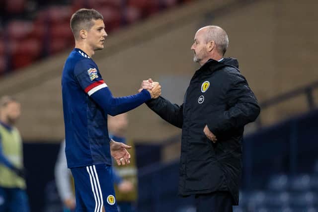 Match-winner Lyndon Dykes with manager Steve Clarke during Scotland's 1-0 victory over Slovakia at Hampden Park (Photo by Craig Williamson / SNS Group)