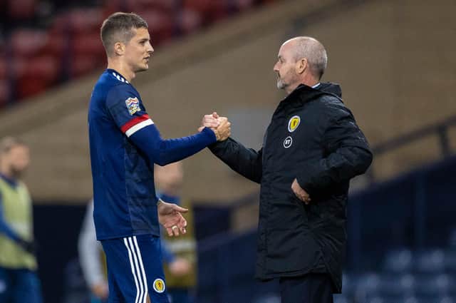 Match-winner Lyndon Dykes with manager Steve Clarke during Scotland's 1-0 victory over Slovakia at Hampden Park (Photo by Craig Williamson / SNS Group)