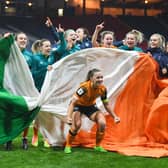 Ireland players celebrate after their win over Scotland in the Women's World Cup play-off match at Hampden Park on October 11. (Photo by Ross MacDonald / SNS Group)