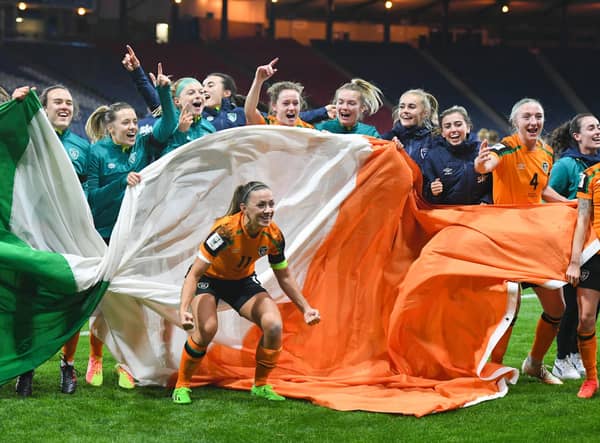 Ireland players celebrate after their win over Scotland in the Women's World Cup play-off match at Hampden Park on October 11. (Photo by Ross MacDonald / SNS Group)