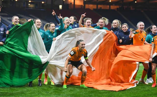 Ireland players celebrate after their win over Scotland in the Women's World Cup play-off match at Hampden Park on October 11. (Photo by Ross MacDonald / SNS Group)