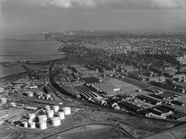 Aerial view centring on Granton Wire Works, 1963.
