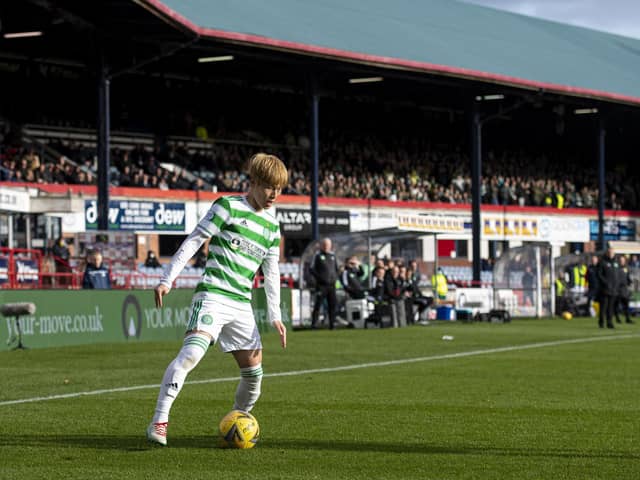 Kyogo Furuhashi in the sunshine at Dens Park in November 2021 - Celtic won 4-2 that afternoon and are unbeaten at the stadium since 1988 (Photo by Ross MacDonald / SNS Group)