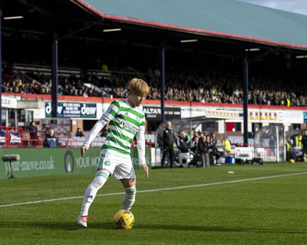 Kyogo Furuhashi in the sunshine at Dens Park in November 2021 - Celtic won 4-2 that afternoon and are unbeaten at the stadium since 1988 (Photo by Ross MacDonald / SNS Group)