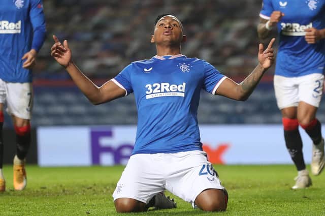 Rangers' Colombian striker Alfredo Morelos celebrates scoring his team's first goal against Lech Poznan (Photo by RUSSELL CHEYNE/POOL/AFP via Getty Images)