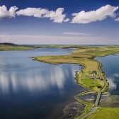 The Ness of Brodgar between Loch Harray and Loch Stenness in Orkney