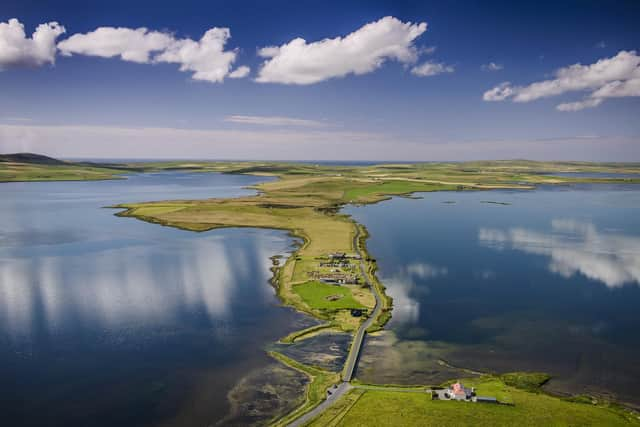 The Ness of Brodgar between Loch Harray and Loch Stenness in Orkney