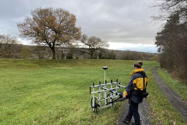 Archaeologists have discovered the buried remains of a Roman fortlet that once stood next to the Antonine Wall and was thought to be lost to the mists of time. HES experts made the discovery during a geophysical survey in a field near Carleith Primary School in West Dunbartonshire. Issue date: Tuesday April 18, 2023.