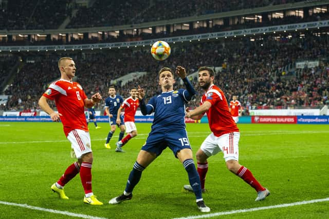 Lawrence Shankland on his Scotland debut v Russia in 2019. He is hoping for an international recall in March. (Photo by Alan Harvey / SNS Group)